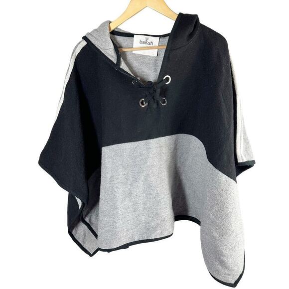BA&SH Cape Colorblock Poncho Black Grey Lace Up Wool
Blend One Size Hooded - Picture 2 of 9